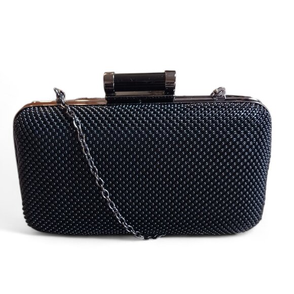 Jessica McClintock Platinum Black Mesh Beaded  Formal Evening Clutch Crossbody - Picture 2 of 10